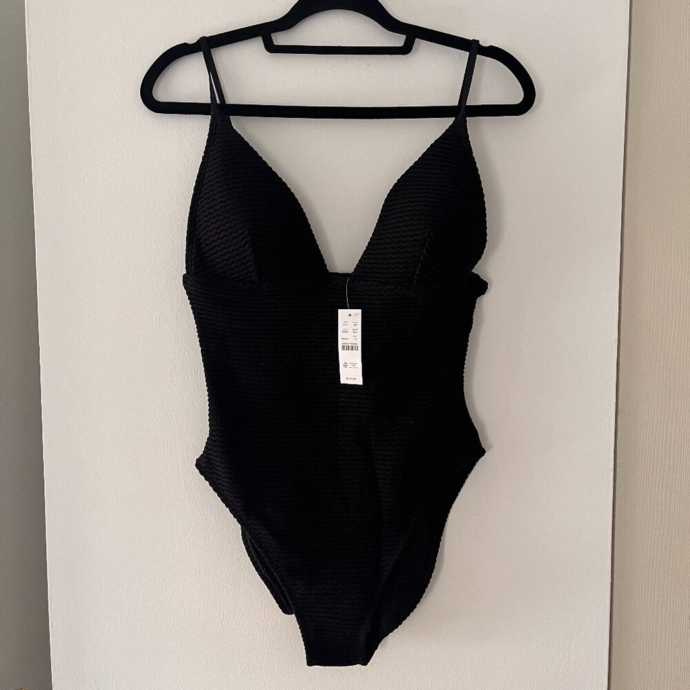 NEW WITH TAGS - J. Crew Black Plunge Ribbed One-Piece Bathing Suit (Size 12)